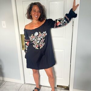Free People Black Floral Embroidered Off-Shoulder Boho Top